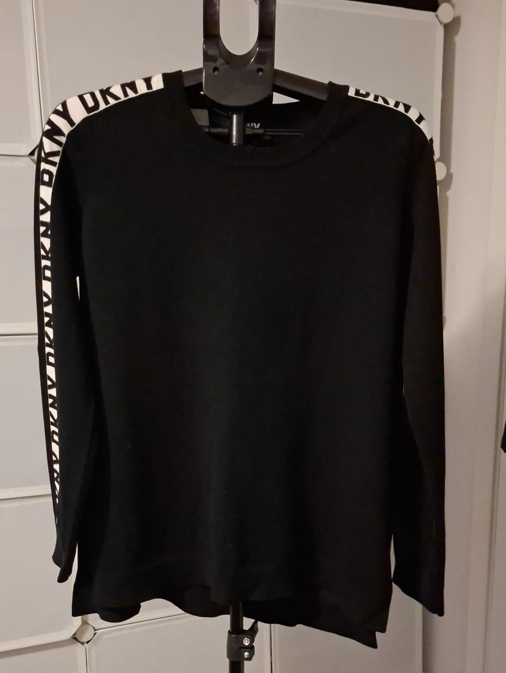 DKNY Black Crewneck Sweater with White Logo Shoulder Tape